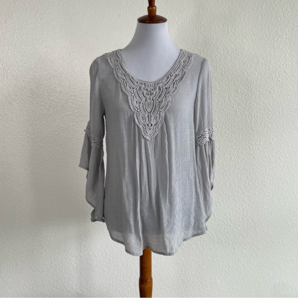 SPENSE Cottagecore Boho Blouse Womens Small Gray Crochet Lace Peasant Hippie Top
